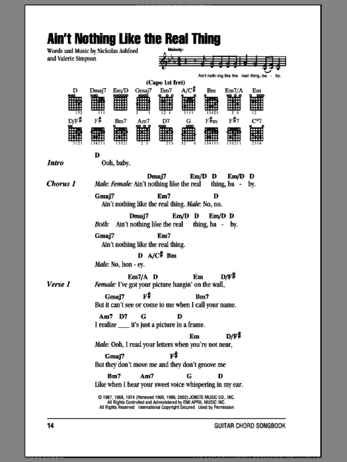 Ain't Nothing Like The Real Thing sheet music for guitar (chords) by Marvin Gaye & Tammi Terrell, Aretha Franklin, Donny & Marie, Nickolas Ashford and Valerie Simpson, intermediate skill level
