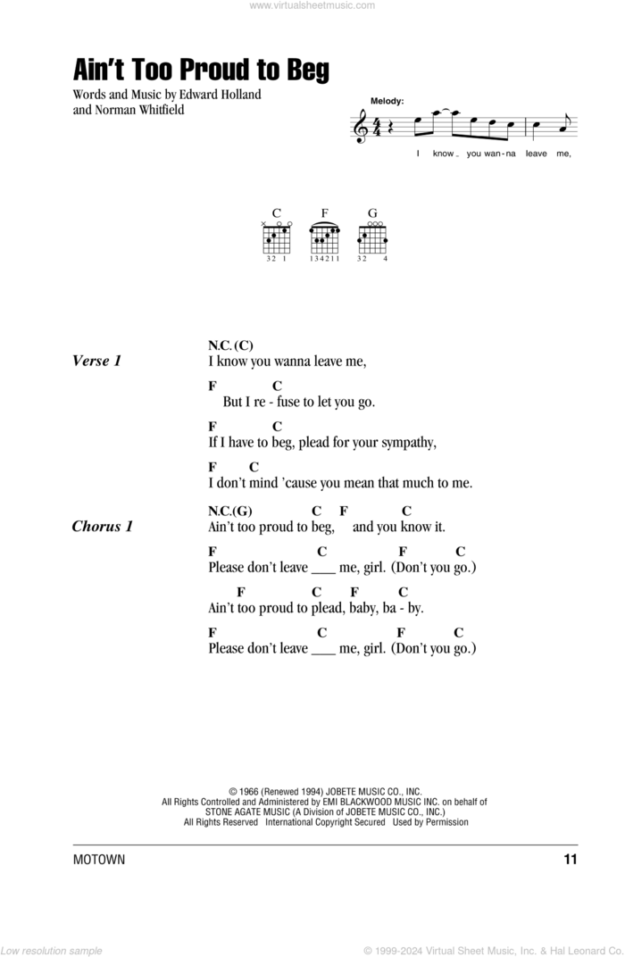 Ain't Too Proud To Beg sheet music for guitar (chords) by The Temptations, The Rolling Stones, Eddie Holland and Norman Whitfield, intermediate skill level