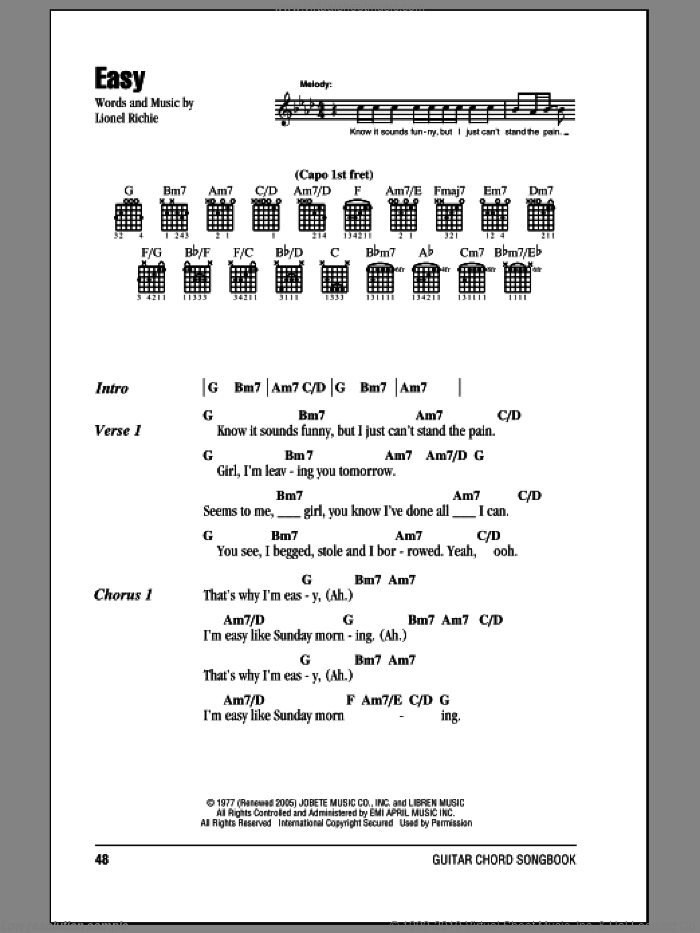 Easy sheet music for guitar (chords) by The Commodores and Lionel Richie, intermediate skill level