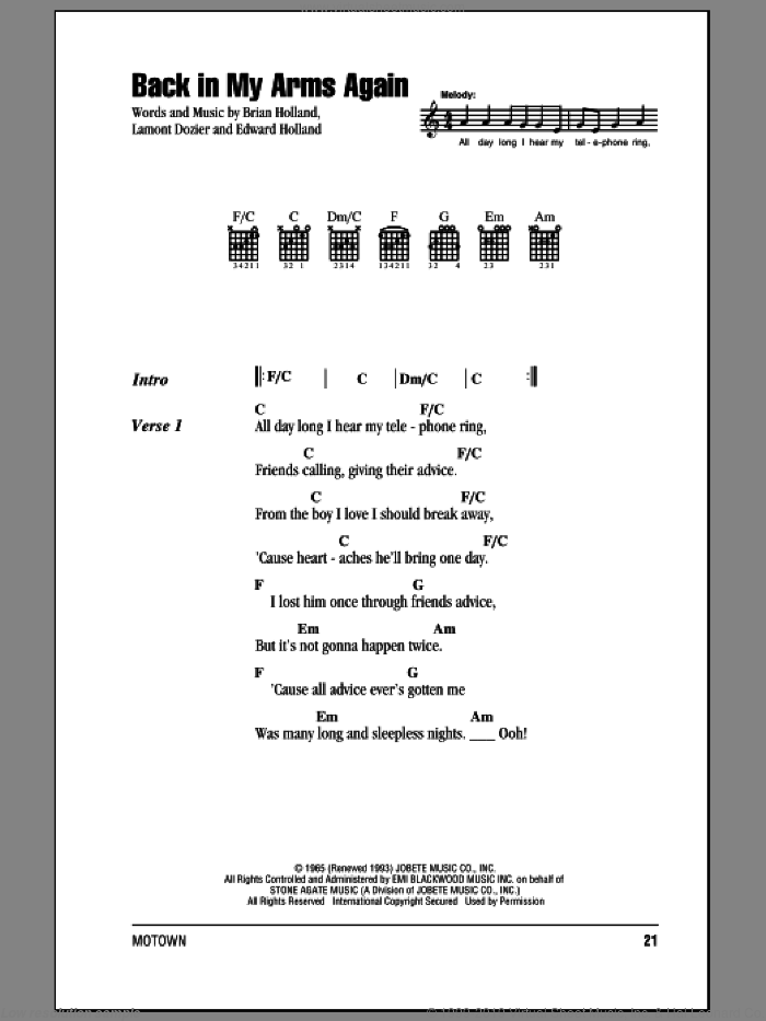 Back In My Arms Again sheet music for guitar (chords) by The Supremes, Brian Holland, Eddie Holland and Lamont Dozier, intermediate skill level