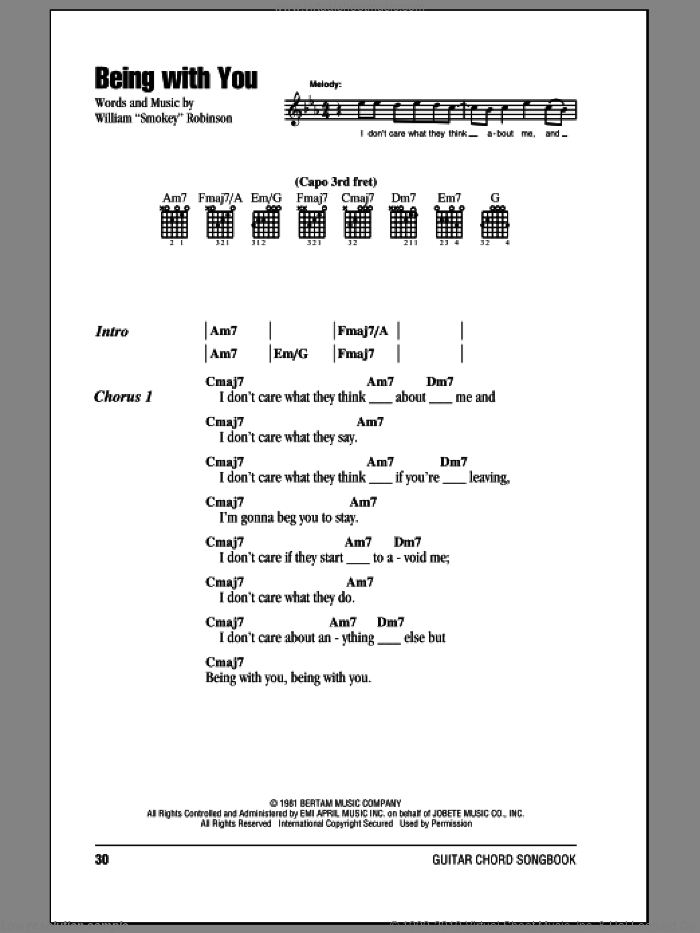 Being With You sheet music for guitar (chords) by William 'Smokey' Robinson, intermediate skill level