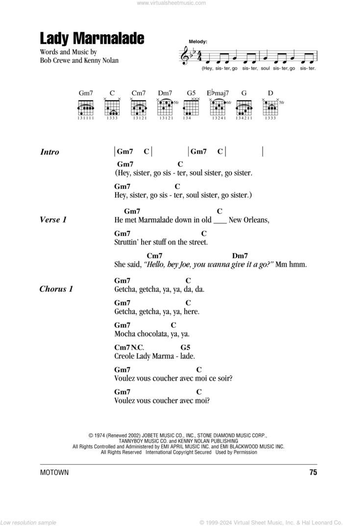 Lady Marmalade sheet music for guitar (chords) by Fantasia Barrino, Christina Aguilera, Patti LaBelle, Bob Crewe and Kenny Nolan, intermediate skill level