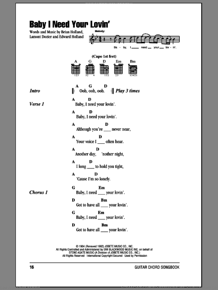Baby I Need Your Lovin' sheet music for guitar (chords) by The Four Tops, Johnny Rivers, O.C. Smith, Brian Holland, Eddie Holland and Lamont Dozier, intermediate skill level