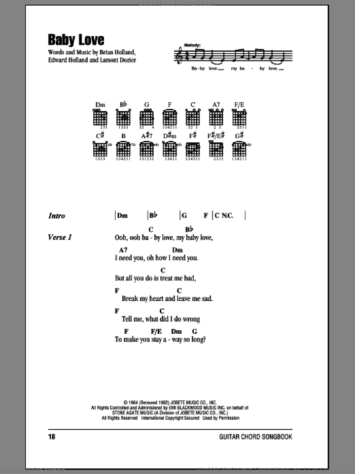 Baby Love sheet music for guitar (chords) by The Supremes, Brian Holland, Eddie Holland and Lamont Dozier, intermediate skill level