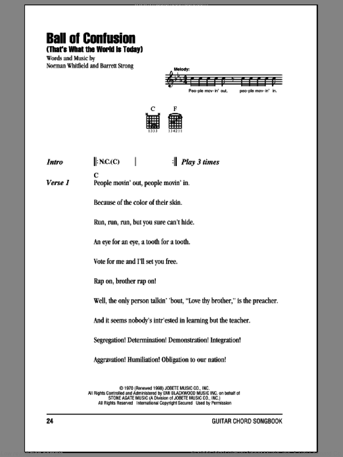 Ball Of Confusion (That's What The World Is Today) sheet music for guitar (chords) by The Temptations, Barrett Strong and Norman Whitfield, intermediate skill level
