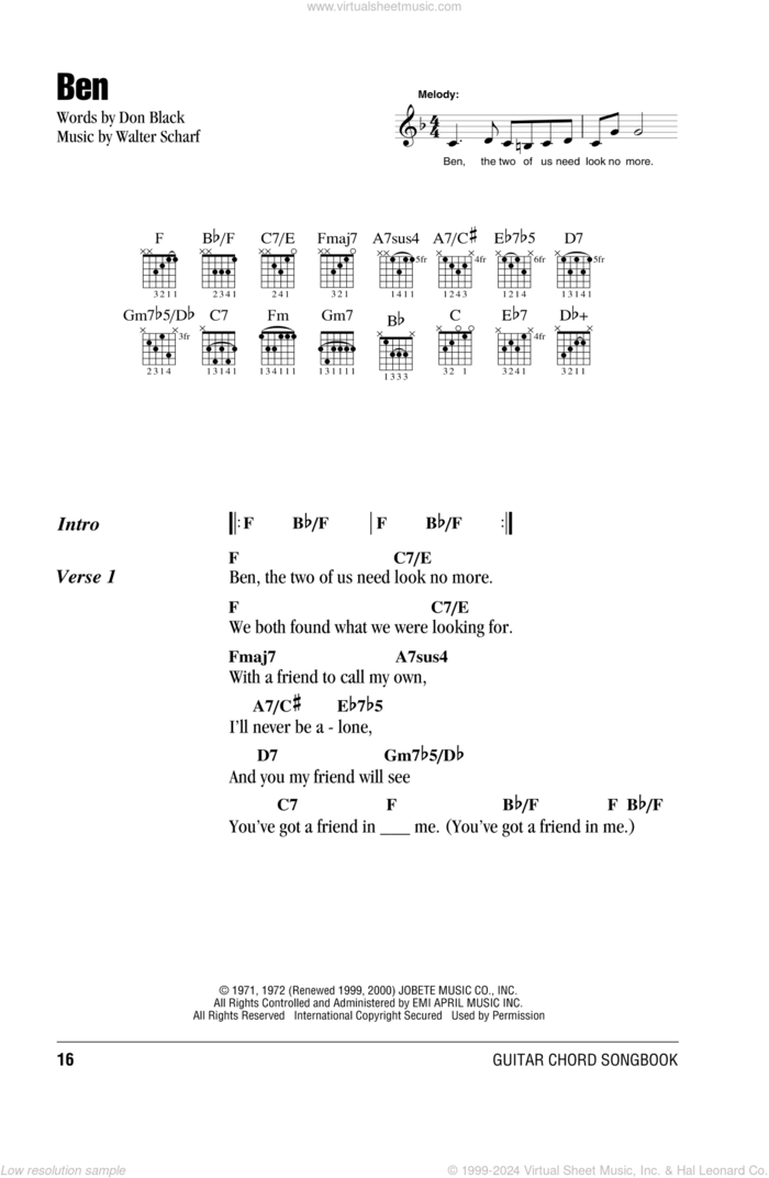 Ben sheet music for guitar (chords) by Michael Jackson, Don Black and Walter Scharf, intermediate skill level