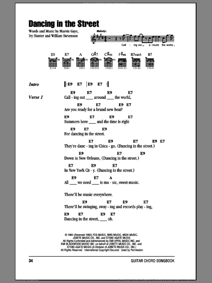 Dancing In The Street sheet music for guitar (chords) by Martha & The Vandellas, Ivy Hunter, Marvin Gaye and William Stevenson, intermediate skill level