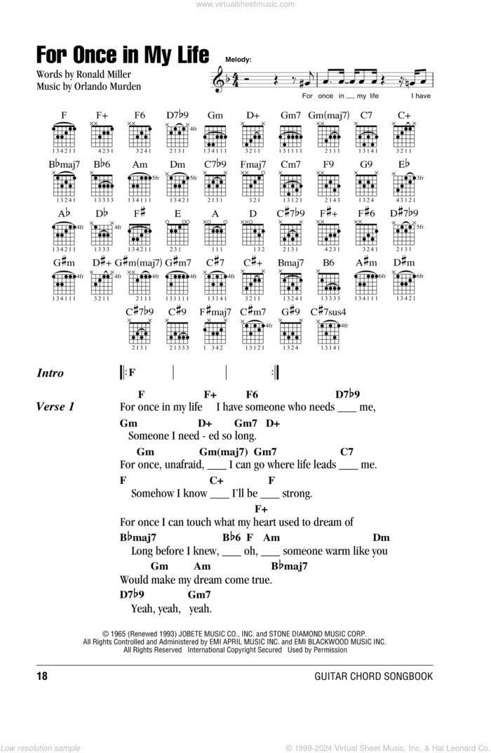 For Once In My Life sheet music for guitar (chords) by Stevie Wonder, Orlando Murden and Ron Miller, intermediate skill level