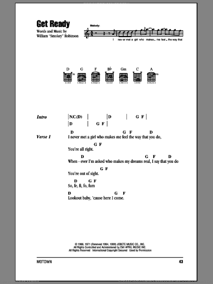 Get Ready sheet music for guitar (chords) by Rare Earth, intermediate skill level