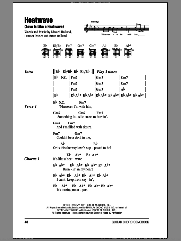 Heatwave (Love Is Like A Heatwave) sheet music for guitar (chords) by Martha & The Vandellas, Linda Ronstadt, Brian Holland, Eddie Holland and Lamont Dozier, intermediate skill level