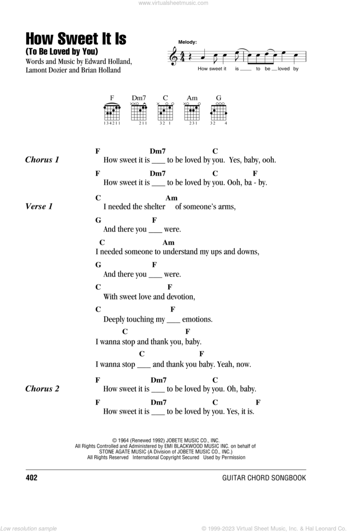 How Sweet It Is (To Be Loved By You) sheet music for guitar (chords) by Marvin Gaye, James Taylor, Brian Holland, Eddie Holland and Lamont Dozier, intermediate skill level