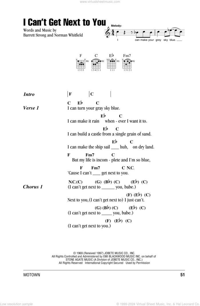 I Can't Get Next To You sheet music for guitar (chords) by The Temptations, Barrett Strong and Norman Whitfield, intermediate skill level