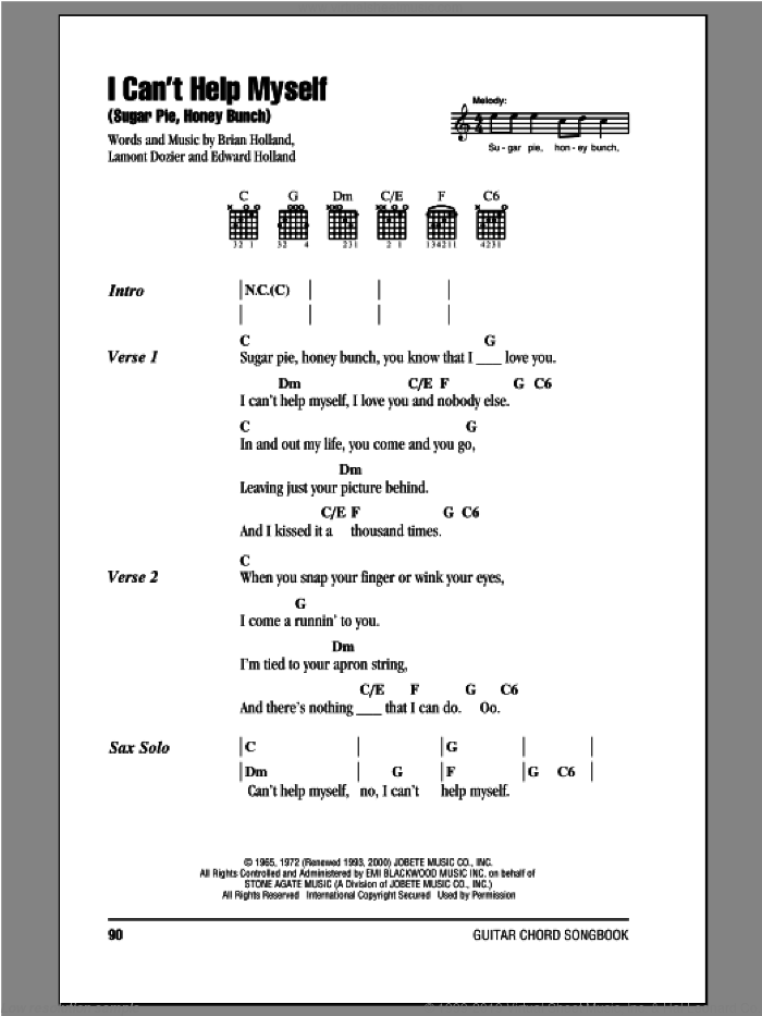 I Can't Help Myself (Sugar Pie, Honey Bunch) sheet music for guitar (chords) by The Four Tops, Brian Holland, Eddie Holland and Lamont Dozier, intermediate skill level