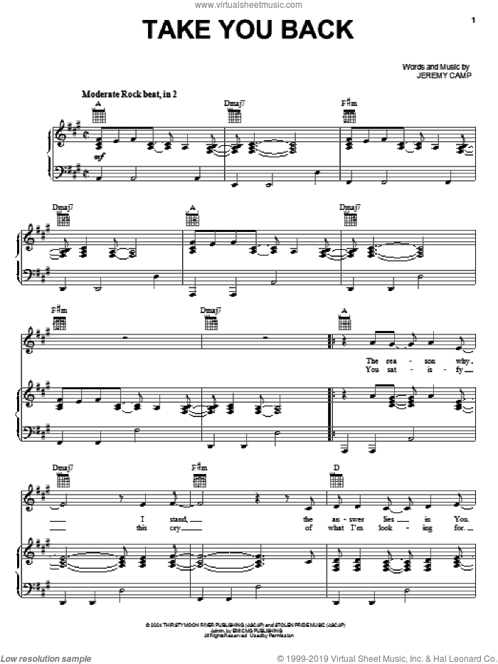 Take You Back sheet music for voice, piano or guitar by Jeremy Camp, intermediate skill level