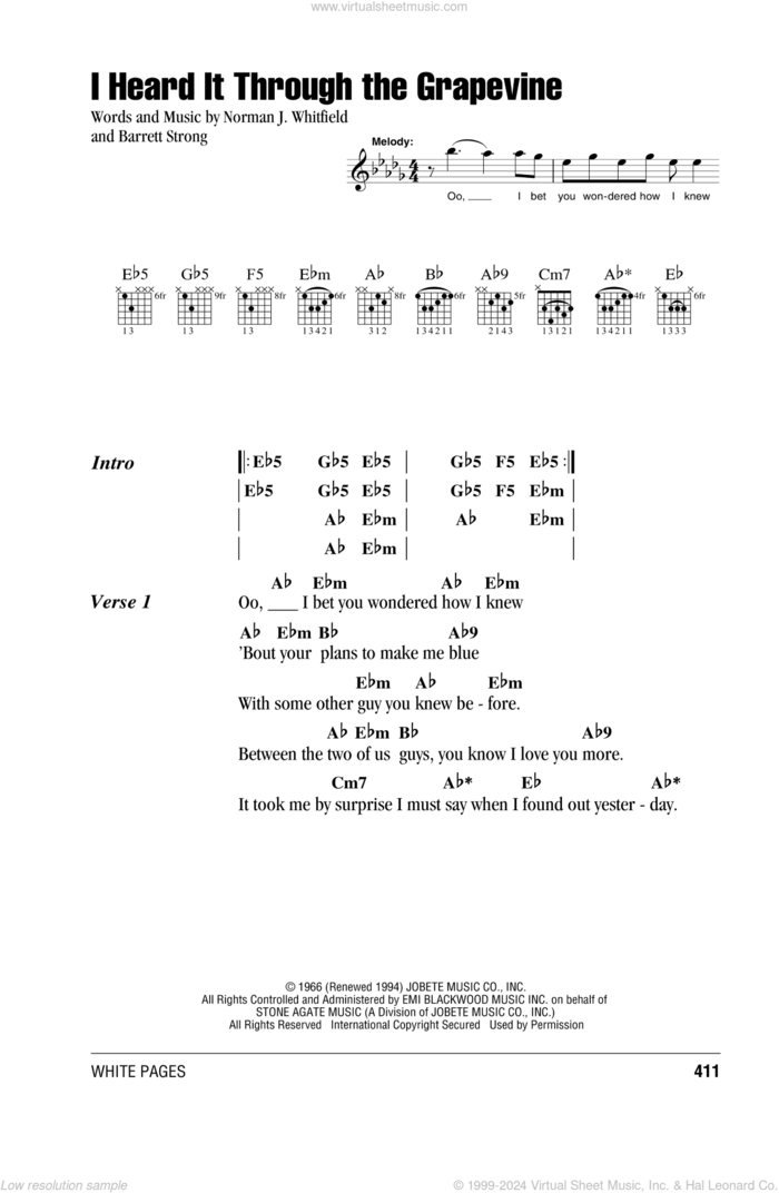 I Heard It Through The Grapevine sheet music for guitar (chords) by Marvin Gaye, Creedence Clearwater Revival, Gladys Knight & The Pips, Michael McDonald, Barrett Strong and Norman Whitfield, intermediate skill level