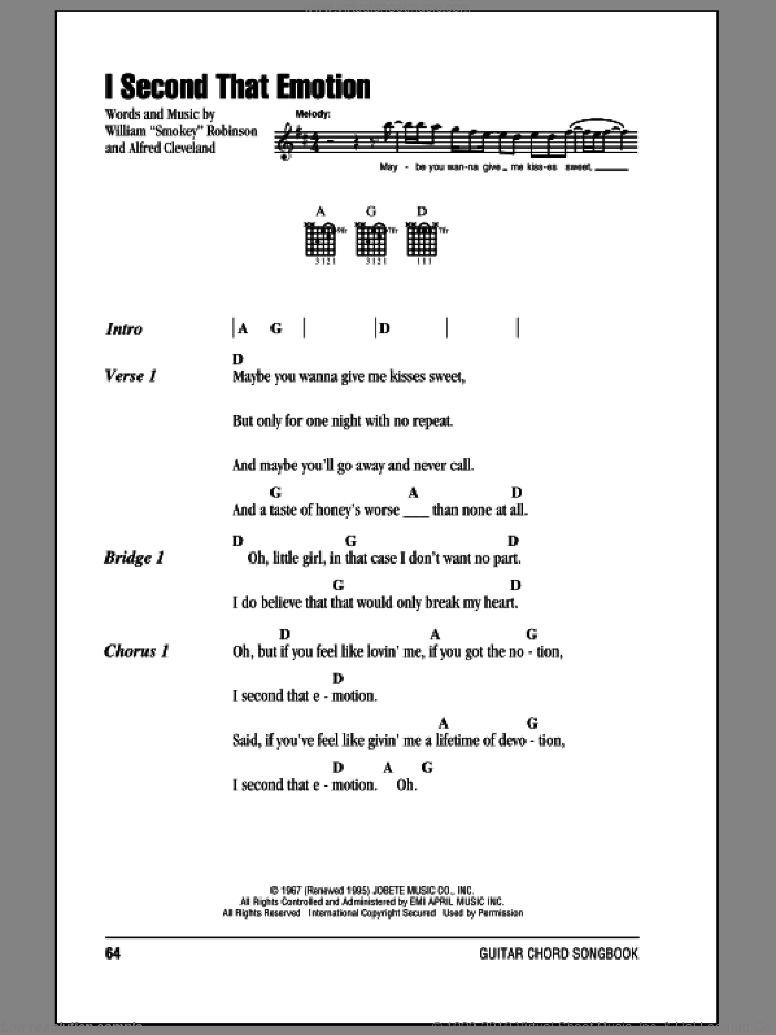 I Second That Emotion sheet music for guitar (chords) by Smokey Robinson & The Miracles and Alfred Cleveland, intermediate skill level