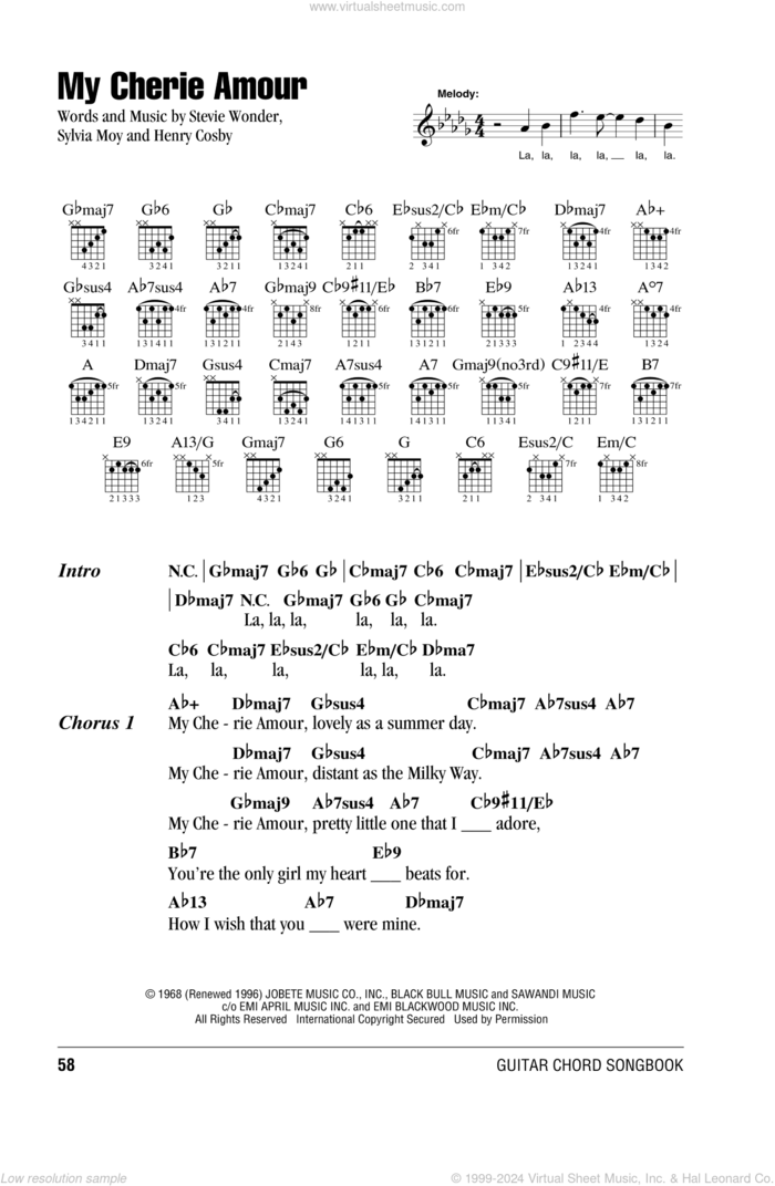 My Cherie Amour sheet music for guitar (chords) by Stevie Wonder, Henry Cosby and Sylvia Moy, intermediate skill level