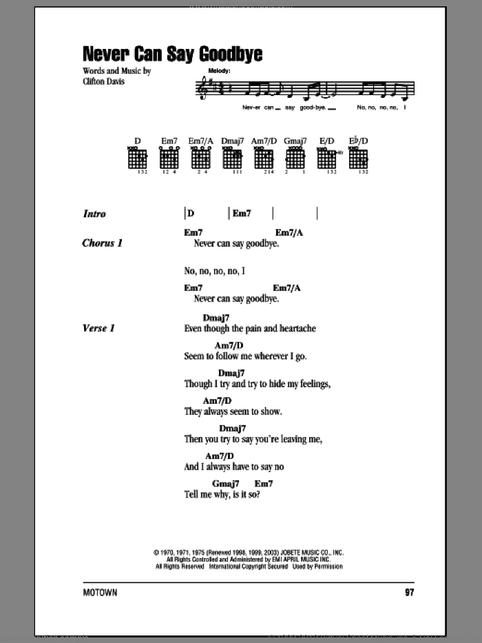 Never Can Say Goodbye sheet music for guitar (chords) by The Jackson 5, Gloria Gaynor and Clifton Davis, intermediate skill level