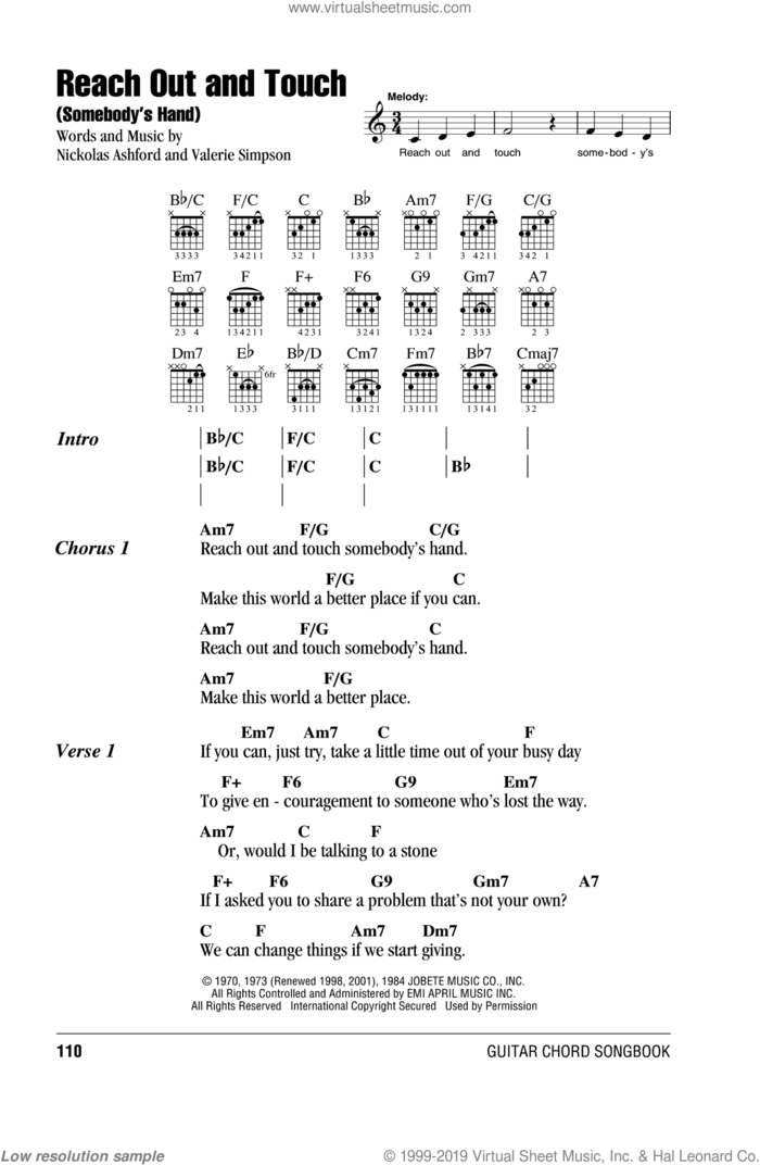 Reach Out And Touch (Somebody's Hand) sheet music for guitar (chords) by Diana Ross, Nickolas Ashford and Valerie Simpson, intermediate skill level