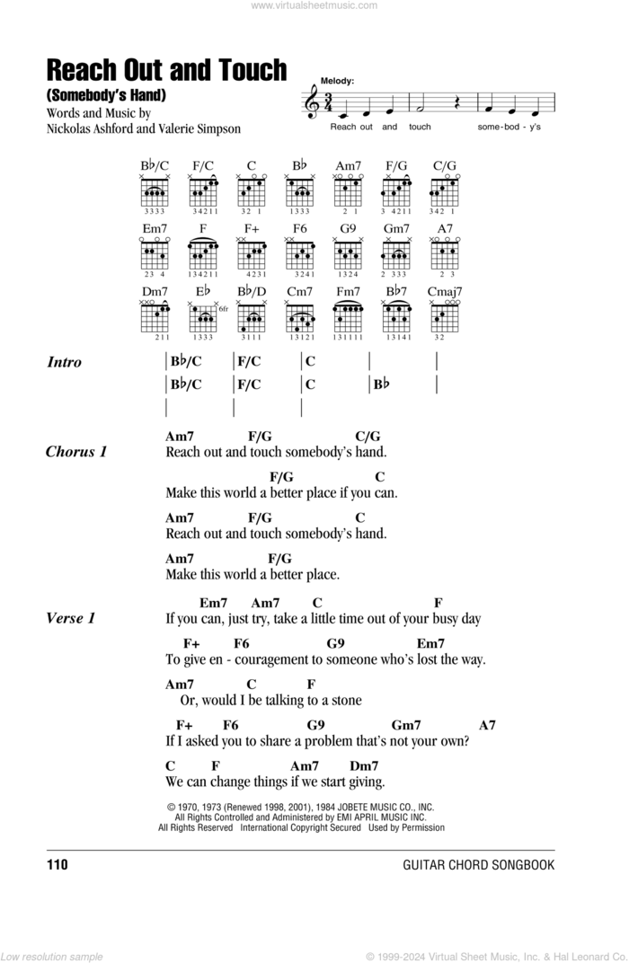 Reach Out And Touch (Somebody's Hand) sheet music for guitar (chords) by Diana Ross, Nickolas Ashford and Valerie Simpson, intermediate skill level