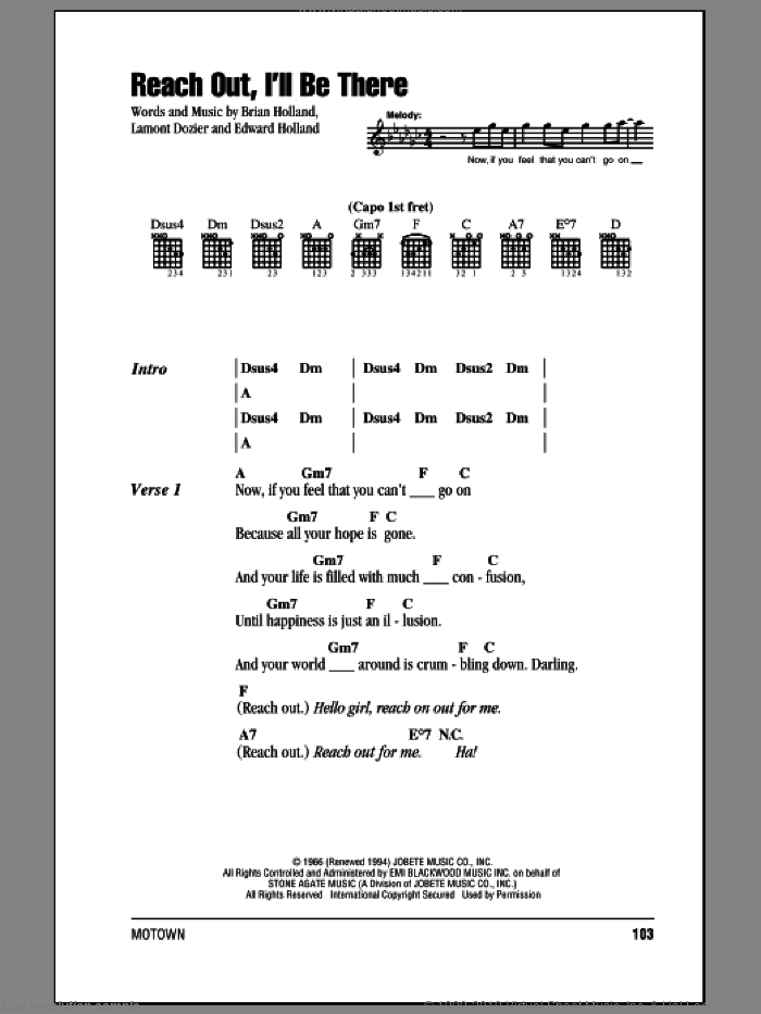 Reach Out, I'll Be There sheet music for guitar (chords) by The Four Tops, Michael McDonald, Brian Holland, Eddie Holland and Lamont Dozier, intermediate skill level