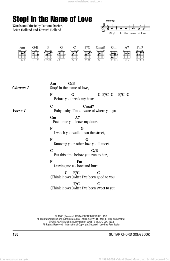 Stop! In The Name Of Love sheet music for guitar (chords) by The Supremes, Diana Ross, Brian Holland, Eddie Holland and Lamont Dozier, intermediate skill level