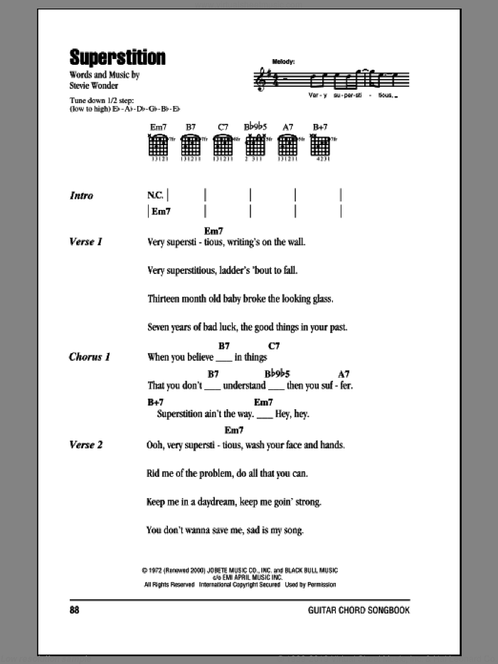 Superstition sheet music for guitar (chords) by Stevie Wonder and Stevie Ray Vaughan, intermediate skill level