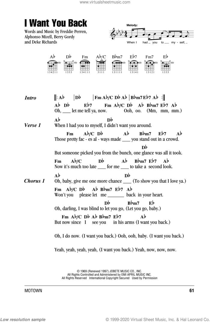 I Want You Back sheet music for guitar (chords) by The Jackson 5, Michael Jackson, Alphonso Mizell, Berry Gordy, Deke Richards and Frederick Perren, intermediate skill level