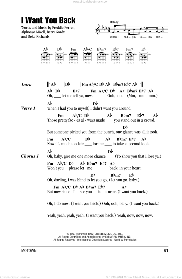 I Want You Back sheet music for guitar (chords) by The Jackson 5, Michael Jackson, Alphonso Mizell, Berry Gordy, Deke Richards and Frederick Perren, intermediate skill level