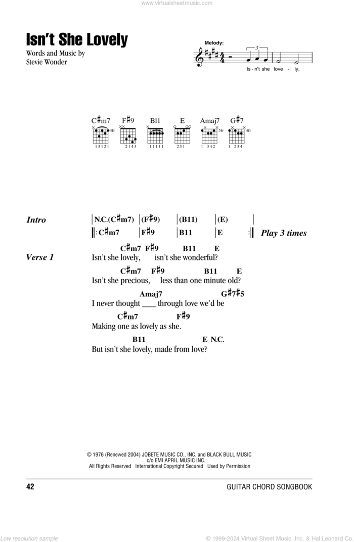 Isn't She Lovely sheet music for guitar (chords) by Stevie Wonder, intermediate skill level