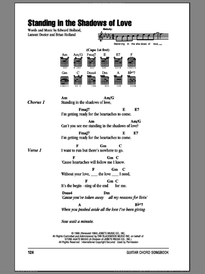 Standing In The Shadows Of Love sheet music for guitar (chords) by The Four Tops, Brian Holland, Eddie Holland and Lamont Dozier, intermediate skill level