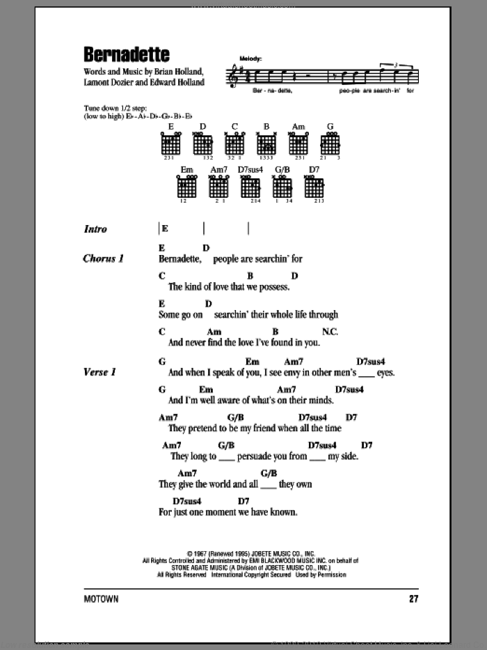 Bernadette sheet music for guitar (chords) by The Four Tops, Brian Holland, Eddie Holland and Lamont Dozier, intermediate skill level