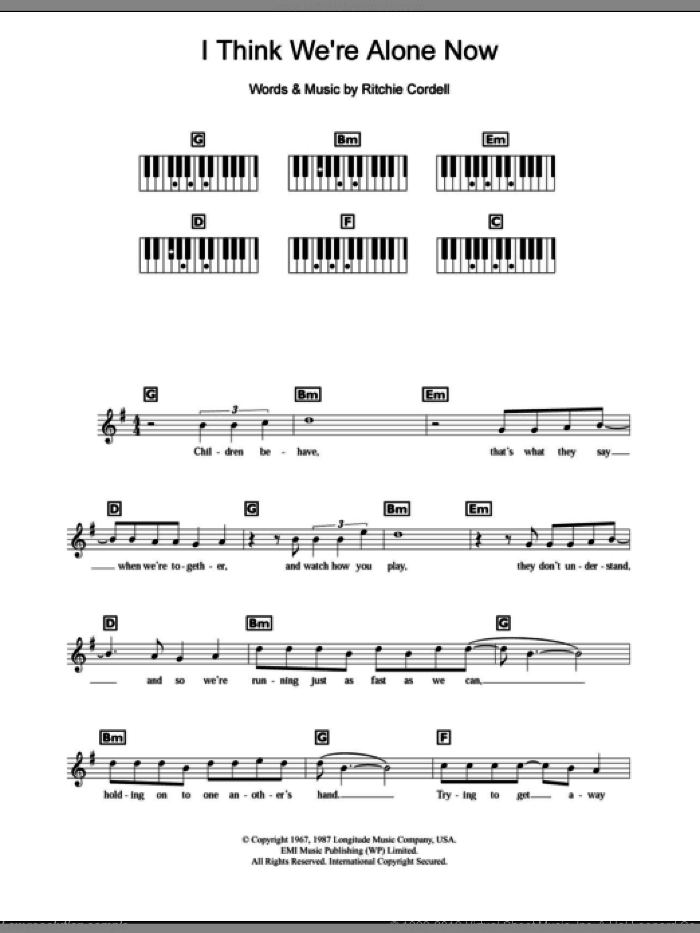 I Think We're Alone Now sheet music for piano solo (chords, lyrics, melody) by Tiffany and Ritchie Cordell, intermediate piano (chords, lyrics, melody)