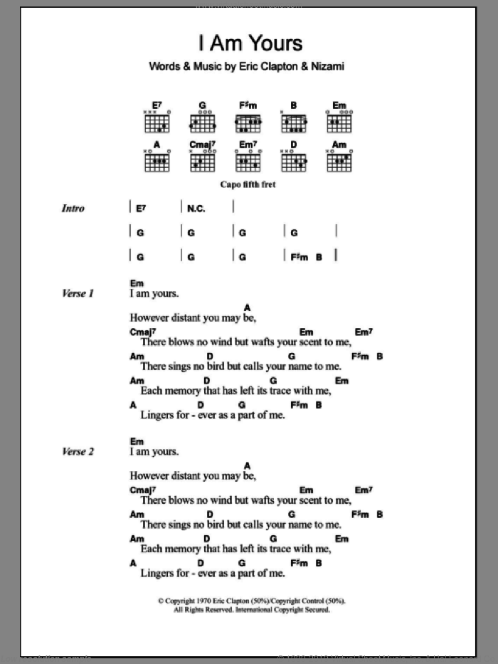 I Am Yours sheet music for guitar (chords) by Eric Clapton, Derek And The Dominos and Nizami, intermediate skill level