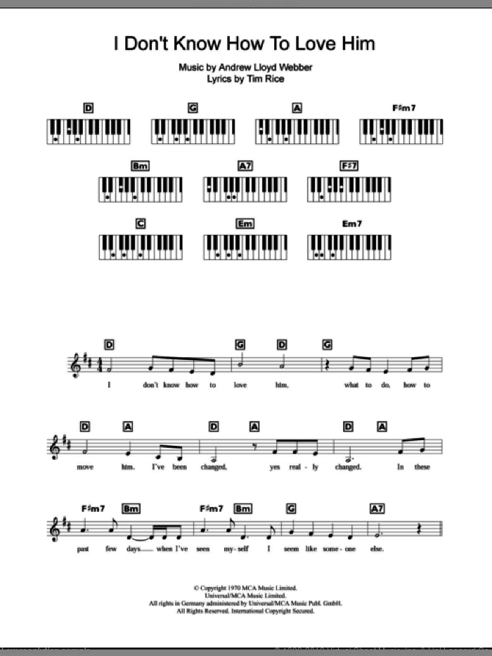 I Don't Know How To Love Him sheet music for piano solo (chords, lyrics, melody) by Andrew Lloyd Webber, Jesus Christ Superstar (Musical) and Tim Rice, intermediate piano (chords, lyrics, melody)
