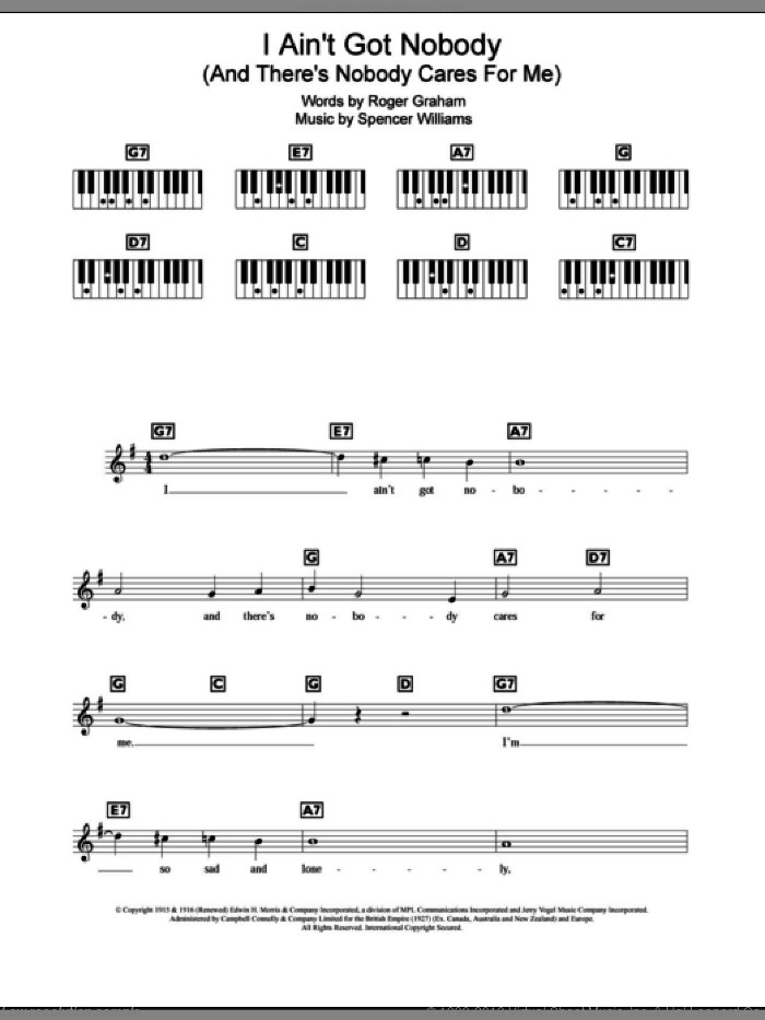 I Ain't Got Nobody (And There's Nobody Cares For Me) sheet music for piano solo (chords, lyrics, melody) by Bessie Smith, Roger Graham and Spencer Williams, intermediate piano (chords, lyrics, melody)