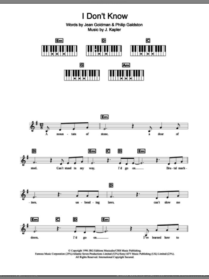 I Don't Know sheet music for piano solo (chords, lyrics, melody) by Celine Dion, J. Kapler, Jean Goldman and Philip Galdston, intermediate piano (chords, lyrics, melody)