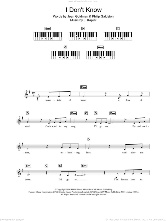 I Don't Know sheet music for piano solo (chords, lyrics, melody) by Celine Dion, J. Kapler, Jean Goldman and Philip Galdston, intermediate piano (chords, lyrics, melody)