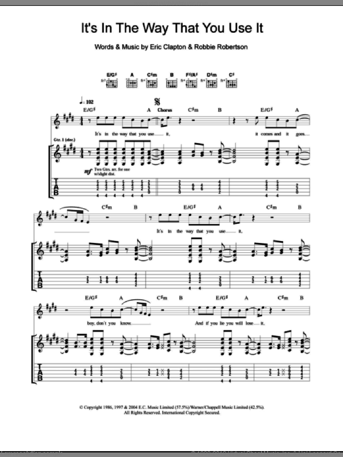 It's In The Way That You Use It sheet music for guitar (tablature) by Eric Clapton and Robbie Robertson, intermediate skill level