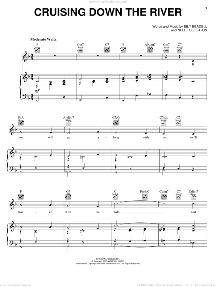 Cruising Down The River sheet music for voice, piano or guitar by Russ Morgan, Eily Beadell and Nell Tollerton, intermediate skill level