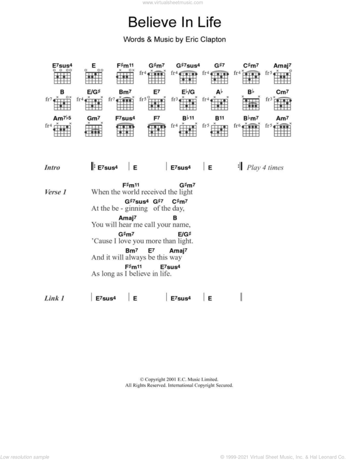 Believe In Life sheet music for guitar (chords) by Eric Clapton, intermediate skill level