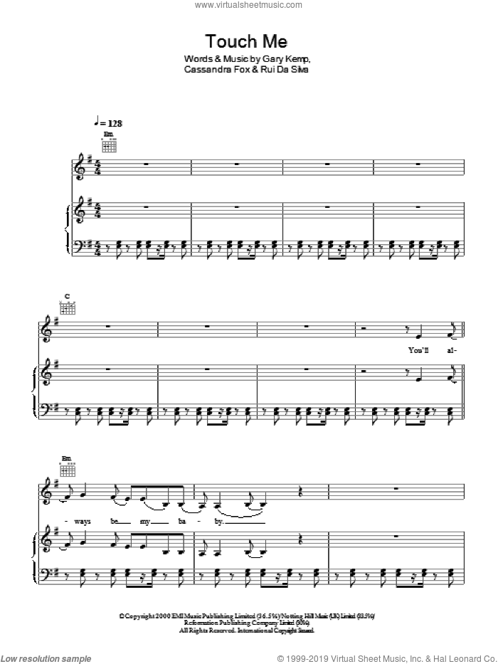 Touch Me sheet music for voice and piano by Rui Da Silva, Sophie Ellis-Bextor, Cassandra Fox and Gary Kemp, intermediate skill level