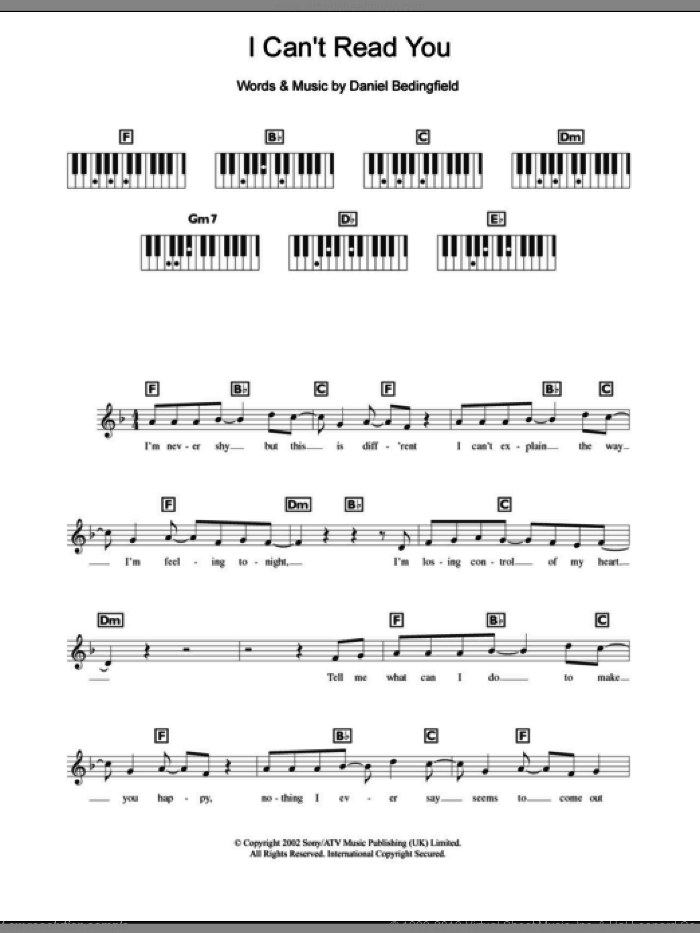 I Can't Read You sheet music for piano solo (chords, lyrics, melody) by Daniel Bedingfield, intermediate piano (chords, lyrics, melody)