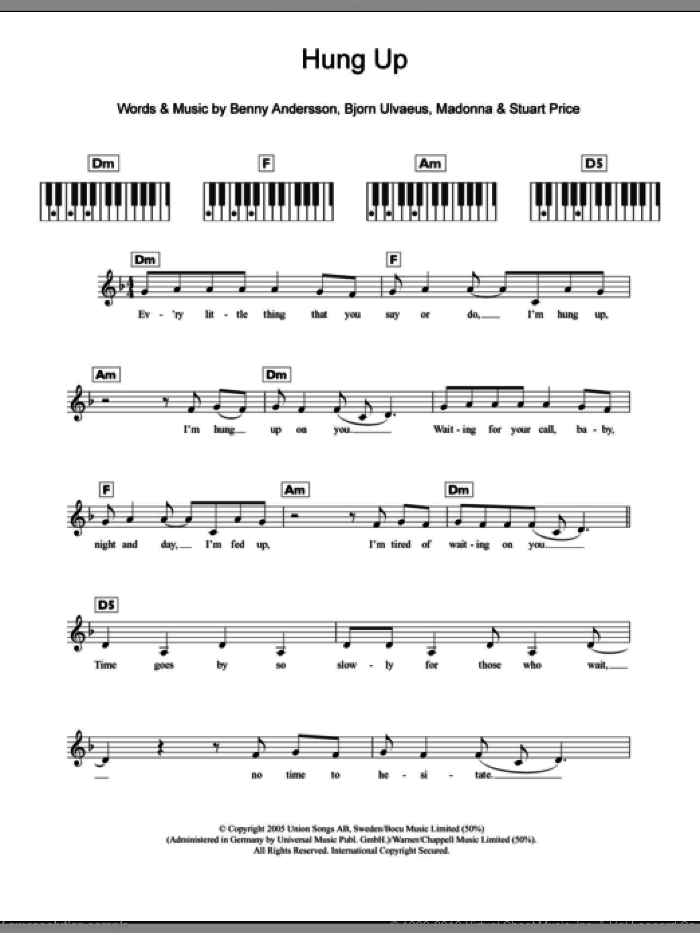 Hung Up sheet music for piano solo (chords, lyrics, melody) by Madonna, Benny Andersson, Bjorn Ulvaeus and Stuart Price, intermediate piano (chords, lyrics, melody)