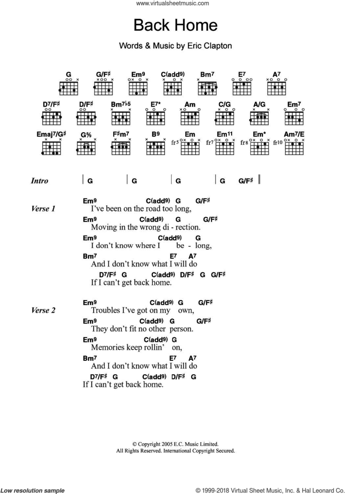 Back Home sheet music for guitar (chords) by Eric Clapton, intermediate skill level