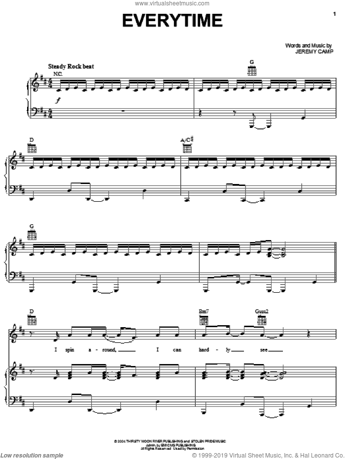 Everytime sheet music for voice, piano or guitar by Jeremy Camp, intermediate skill level