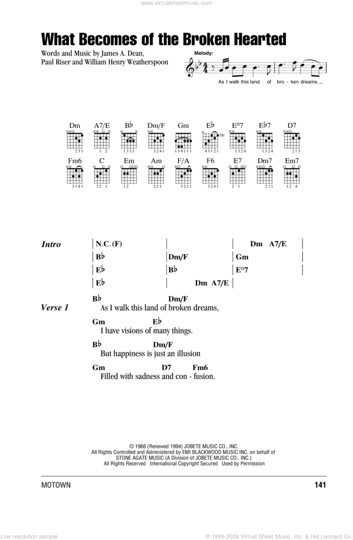 What Becomes Of The Broken Hearted sheet music for guitar (chords) by Jimmy Ruffin, Paul Young, James A. Dean, Paul Riser and William Henry Weatherspoon, intermediate skill level