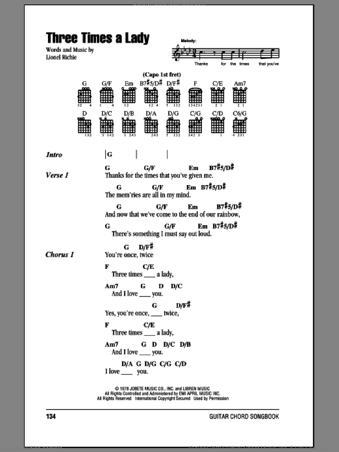 Three Times A Lady sheet music for guitar (chords) by The Commodores and Lionel Richie, intermediate skill level