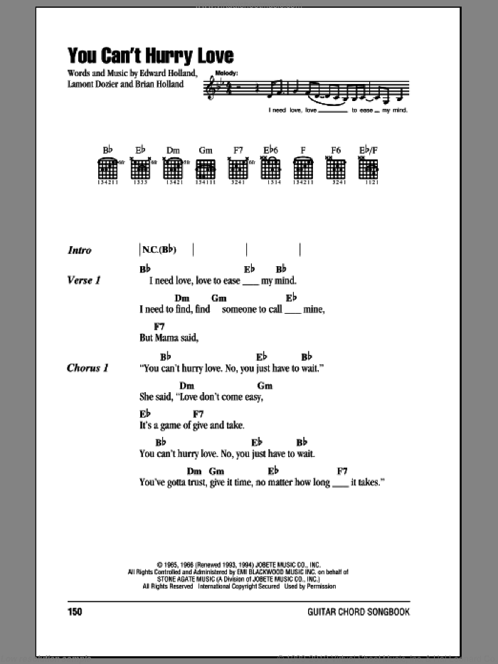 You Can't Hurry Love sheet music for guitar (chords) by The Supremes, Diana Ross, Brian Holland, Eddie Holland and Lamont Dozier, intermediate skill level