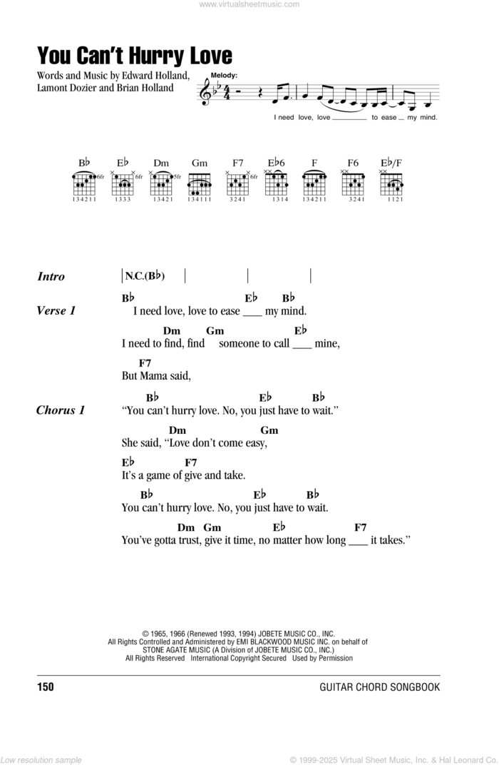 You Can't Hurry Love sheet music for guitar (chords) by The Supremes, Diana Ross, Brian Holland, Eddie Holland and Lamont Dozier, intermediate skill level